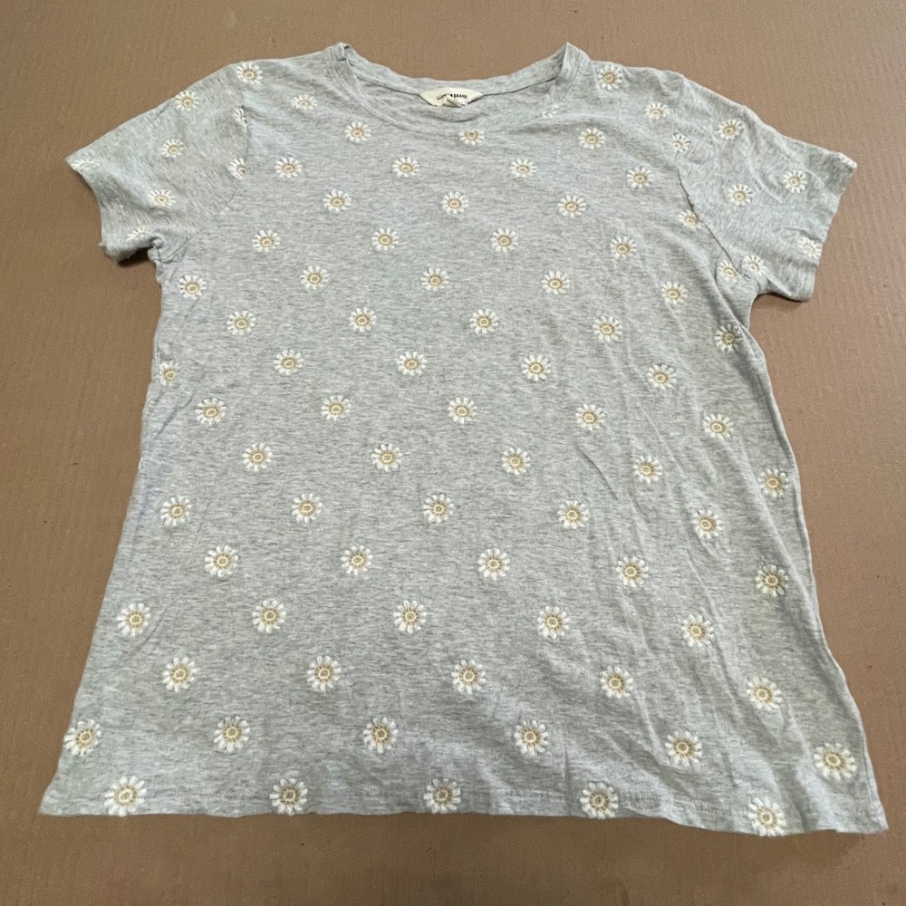 Lucky Brand Womens Large L Embroidered Daisy Flower Grey Short Sleeve Tee Shirt